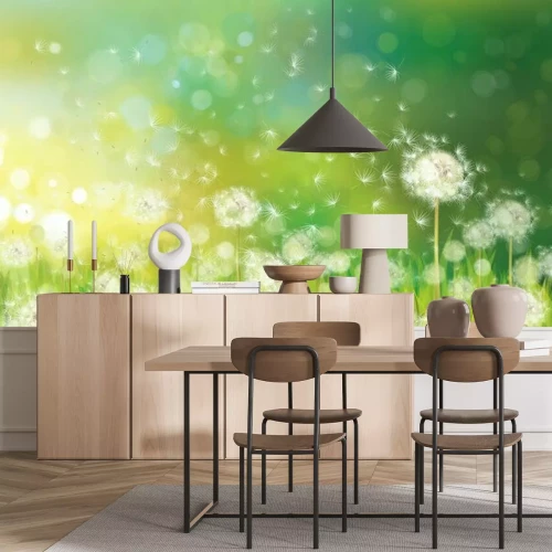 Fotobehang Zaden vliegen weg van paardenbloemen