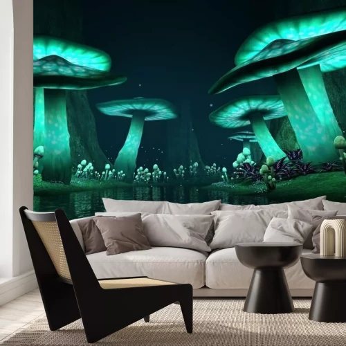 Fotobehang Fantasie gloeiende paddestoelen