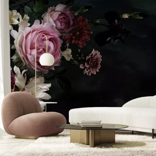 Fotobehang Barok boeket op een zwarte achtergrond