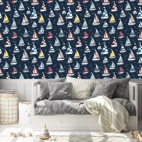 Behang Marine seamless pattern with cartoon boats on waves