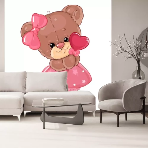 Sticker Teddy bear girl with heart lollipop. Cute children's character.