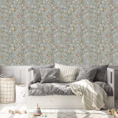 Behang Vector colorful pattern with birds and flowers. Hummingbirds and flowers, retro style, floral backdrop. Spring, summer flower design for web, wrapping paper, cover, textile, fabric, wallpaper