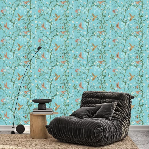 Behang Vector colorful pattern with birds and flowers. Hummingbirds and flowers, retro style, floral backdrop. Spring, summer flower design for wrapping paper, cover, textile, fabric, wallpaper