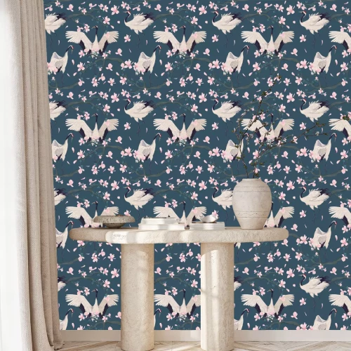 Behang Oosterse Japanse kraanvogels en roze bloemen