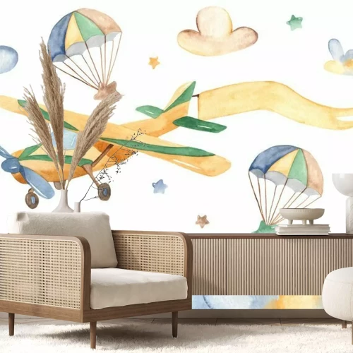 Sticker Watercolor card with cute airplane and clouds. Child illustration for baby shower, kindergarten, cards, invitations.