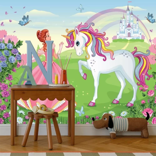 Fotobehang Prinses Eenhoorn en Kasteel in een Sprookjeswereld