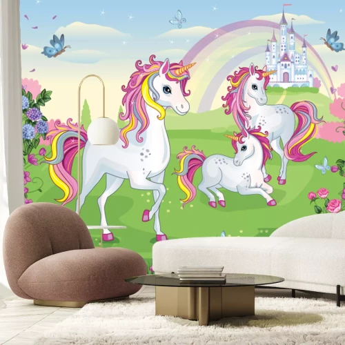 Fotobehang Eenhoorns tegen de achtergrond van een sprookjeskasteel