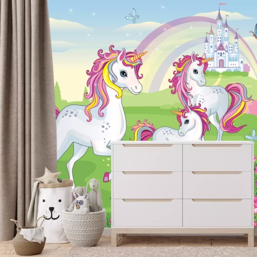 Fotobehang Eenhoorns tegen de achtergrond van een sprookjeskasteel