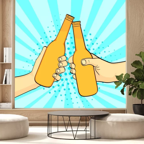 Sticker Pop art background, summer color. Two friends knock a bottle of beer. Two beers. Imitation comic style. Raster