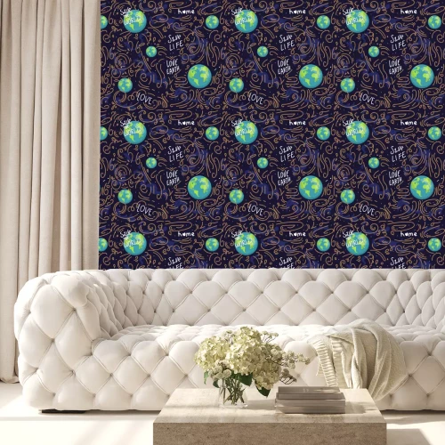 Behang heart shaped earth. Cartoon globe. web icons green happy nature character. love ecology earth planet world map seamless pattern vector illustration. save the planet. motivation inscription