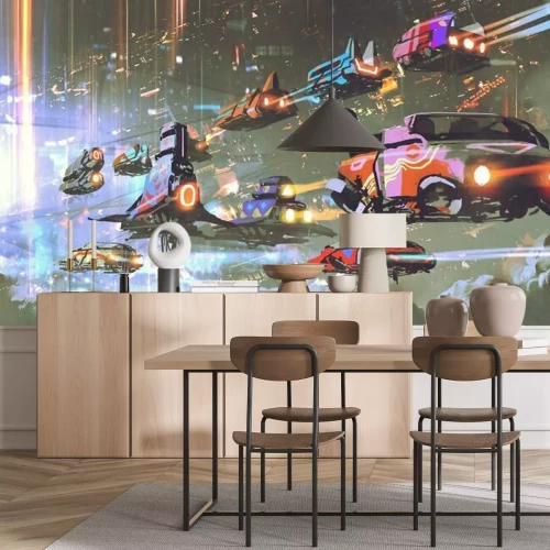 Fotobehang Flying car traffic in the futuristic world, digital art style, illustration painting