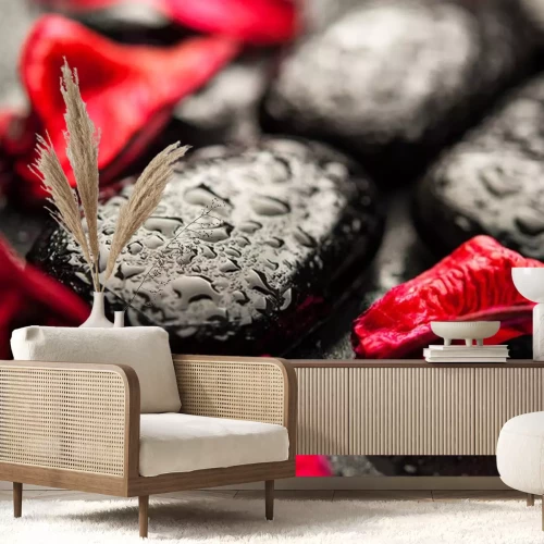 Sticker achtergrond spa. zwarte stenen en rode bloemblaadjes met waterdruppels