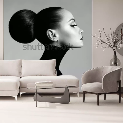 Fotobehang Zwart-witfoto van een vrouw met een knotje