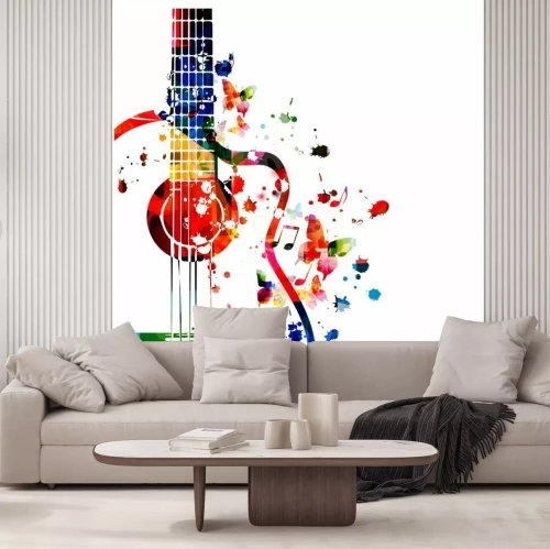 Sticker Colorful guitar with music notes isolated vector illustration design. Music background. Music instrument poster with music notes, festival poster, live concert events, party flyer