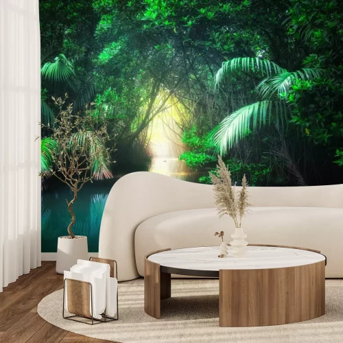 Fotobehang Landschap van een rivier in een tropische jungle met exotische planten