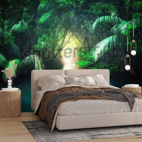 Fotobehang Landschap van een rivier in een tropische jungle met exotische planten