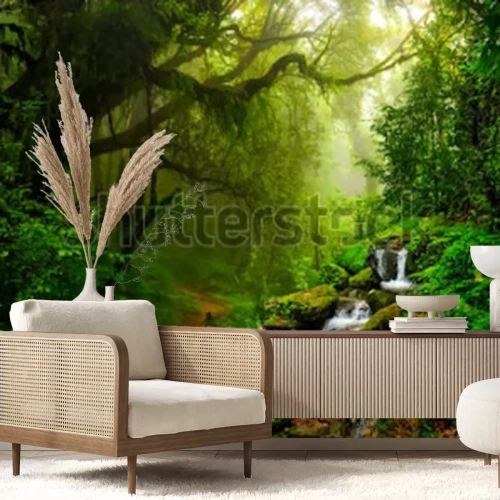 Fotobehang Tropisch regenwoudlandschap met waterval