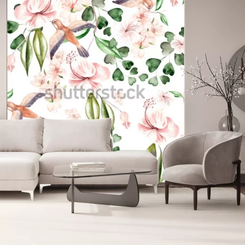 Sticker Waterverfpatroon met de lentebloemen, eucalyptusbladeren en vogels. Illustratie