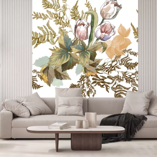 Sticker 3 witte tulpen en graswaterverf op wit naadloos patroon als achtergrond voor stoffen, document