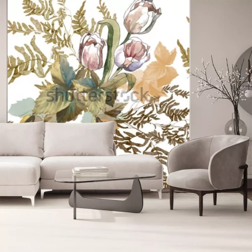 Sticker 3 witte tulpen en graswaterverf op wit naadloos patroon als achtergrond voor stoffen, document