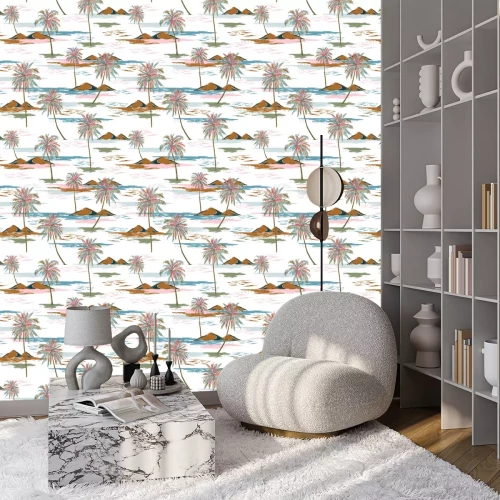 Behang Bright and trendy Aloha monotone blue seamless island pattern vector. Landscape with palm trees,beach and ocean vector hand drawn style