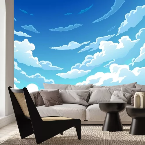 Sticker Beeldverhaallandschap met wolken op blauwe hemel