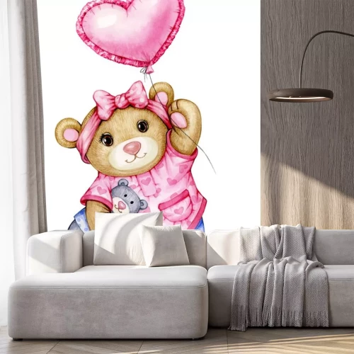 Sticker  Cute  baby  Teddy bear cartoon with balloon, isolated on white.
