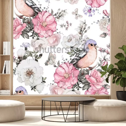 Fotobehang Vogels en bloemen in pasteltinten