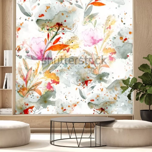 Sticker naives Aquarell - Gießen und Spritzen. florale Motive. handgemaltes nahtloses Muster. Hintergrund für Textildekor und Design. botanische Tapete. Boho Chic Art Blumenrahmen