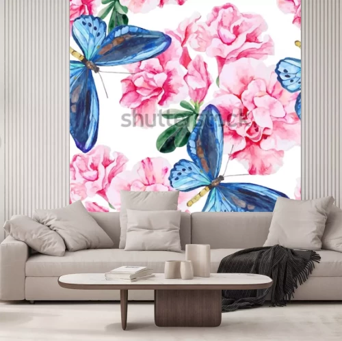 Sticker Geschilderde bloemen en vlinders