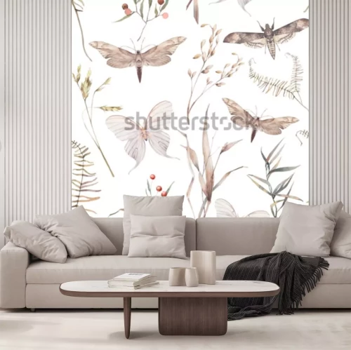 Sticker Aquarel vlinder en zomer veld kruiden naadloze patroon. Handgeschilderde textuur met botanische elementen: planten, gras, bessen, varens, bladeren. Natuurlijke herhalende achtergrond