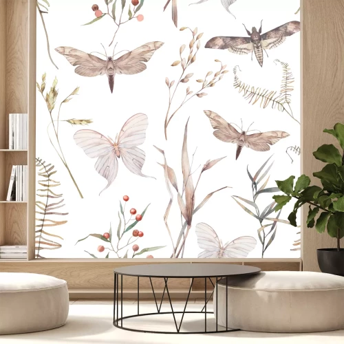 Sticker Aquarel vlinder en zomer veld kruiden naadloze patroon. Handgeschilderde textuur met botanische elementen: planten, gras, bessen, varens, bladeren. Natuurlijke herhalende achtergrond