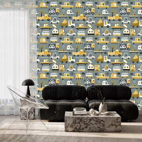 Behang Baby seamless pattern with hand drawn cute car. Perfect for kids fabric, textile, nursery wallpaper. Vector seamless pattern with doodle toy cars.