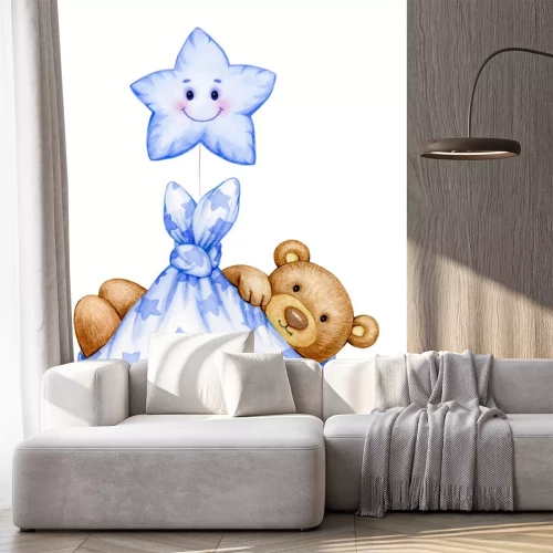 Sticker  Cute  baby  Teddy bear cartoon  with star, isolated on white.