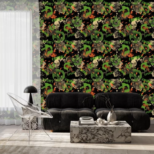 Behang Abstract seamless football pattern for boys. Sport football pattern. Grunge sport urban backdrop with football ball. Sport wallpaper on black background with multicolor spots. Repeated pattern.