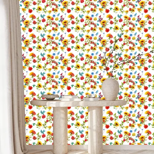 Behang Wide seamless pattern of sunflowers with pomegranate buds and cornflowers on white. Abstract. Hand drawn. Watercolor. Vector - stock. 