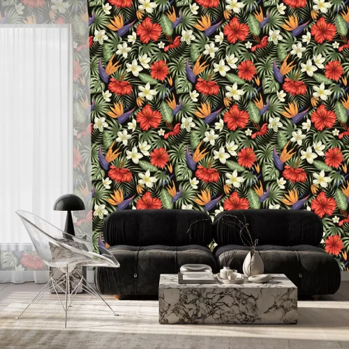 Behang Tropische junglebladeren en exotische bloemen