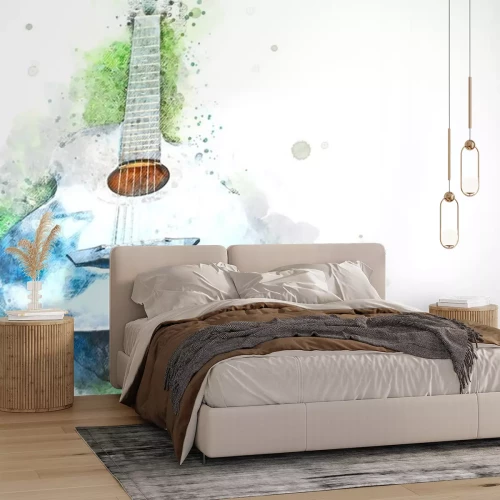 Sticker Abstract acoustic guitar on green grass on watercolor illustration painting background.