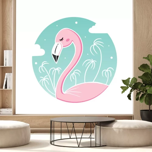 Sticker Cute cartoon vector illustration of pink tropical flamingo on turquoise background with palm trees and clouds.
