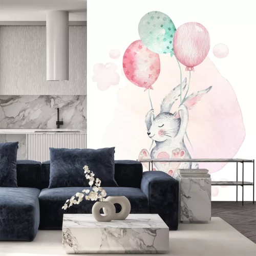 Sticker Grijs konijntje vliegend op ballonnen