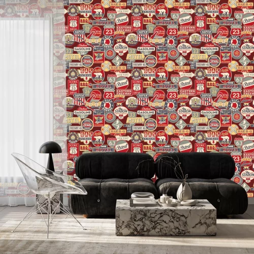 Behang Reclame en verkeersborden - vector naadloze patroon