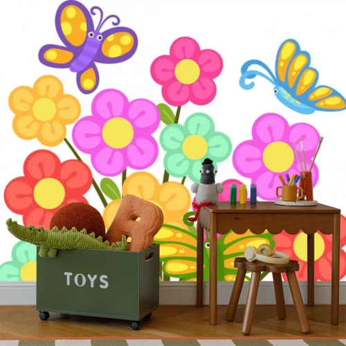 Sticker Veelkleurige bloemen en vlinders kinderillustratie