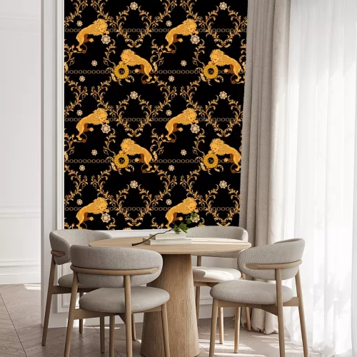 Behang Luxe patroon met leeuwen op een zwarte achtergrond