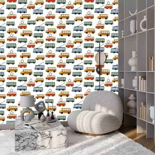 Behang Vector transportation seamless pattern.Children repeating background with bus, tram, school bus, trolleybus. Endless backdrop for kids with public transport