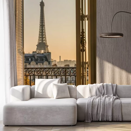 Sticker Een charmant balkon met uitzicht op de Eiffeltoren.