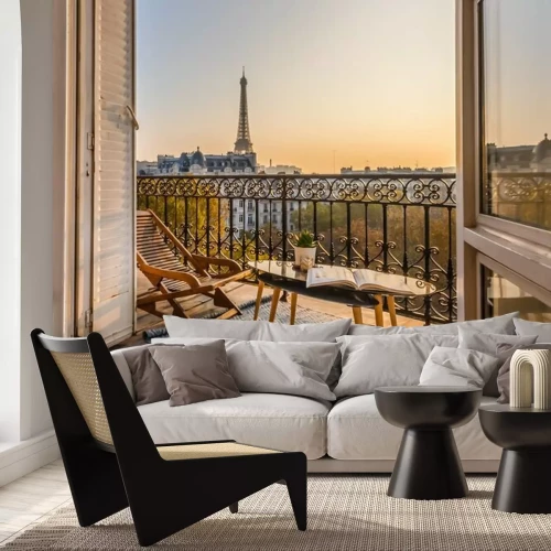 Fotobehang Balkon met uitzicht op de Eiffeltoren