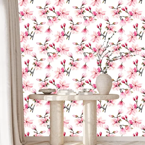 Behang Beautiful lovely tender herbal wonderful floral summer pattern of a pink Japanese magnolia flowers watercolor hand illustration. Perfect for textile, wallpapers, invitation, wrapping paper, phone case