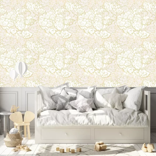 Behang Chinese clouds hand drawn vector seamless pattern. Japanese, oriental style textile ornament. Golden outline swirls, curls background. Asian traditional holidays postcard backdrop, wrapping paper