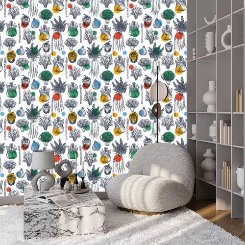 Behang Geschetste groenten en gekleurde stippen