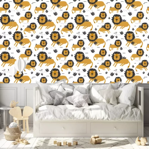 Behang Schattige leeuwen en minimalistische planten